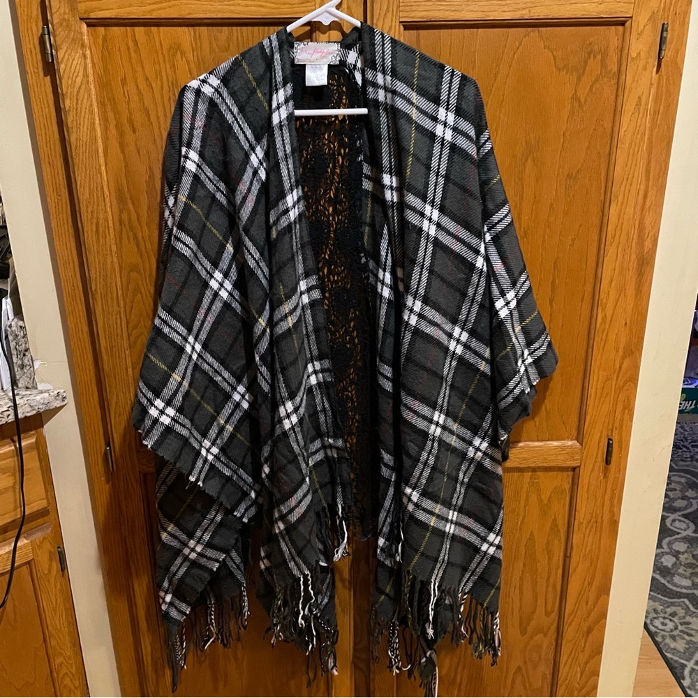 Free People Plaid Poncho with crocheted back middle strip